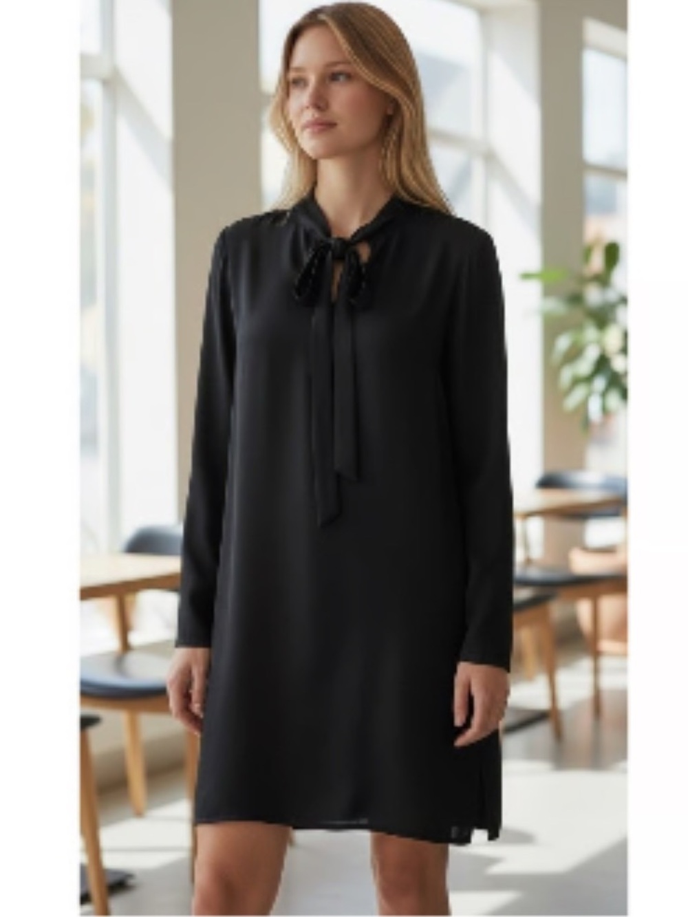 Polo Ralph Lauren Satin Stretch Above Knee Tie Neck Long Sleeve Black Dress SZ 6